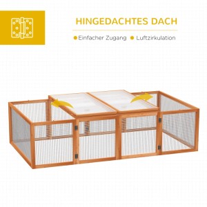 PawHut Freilaufgehege aus Tannenholz mit geöffnetem Klappdach. Bietet Kleintieren sicheren Auslauf und einfachen Zugang.