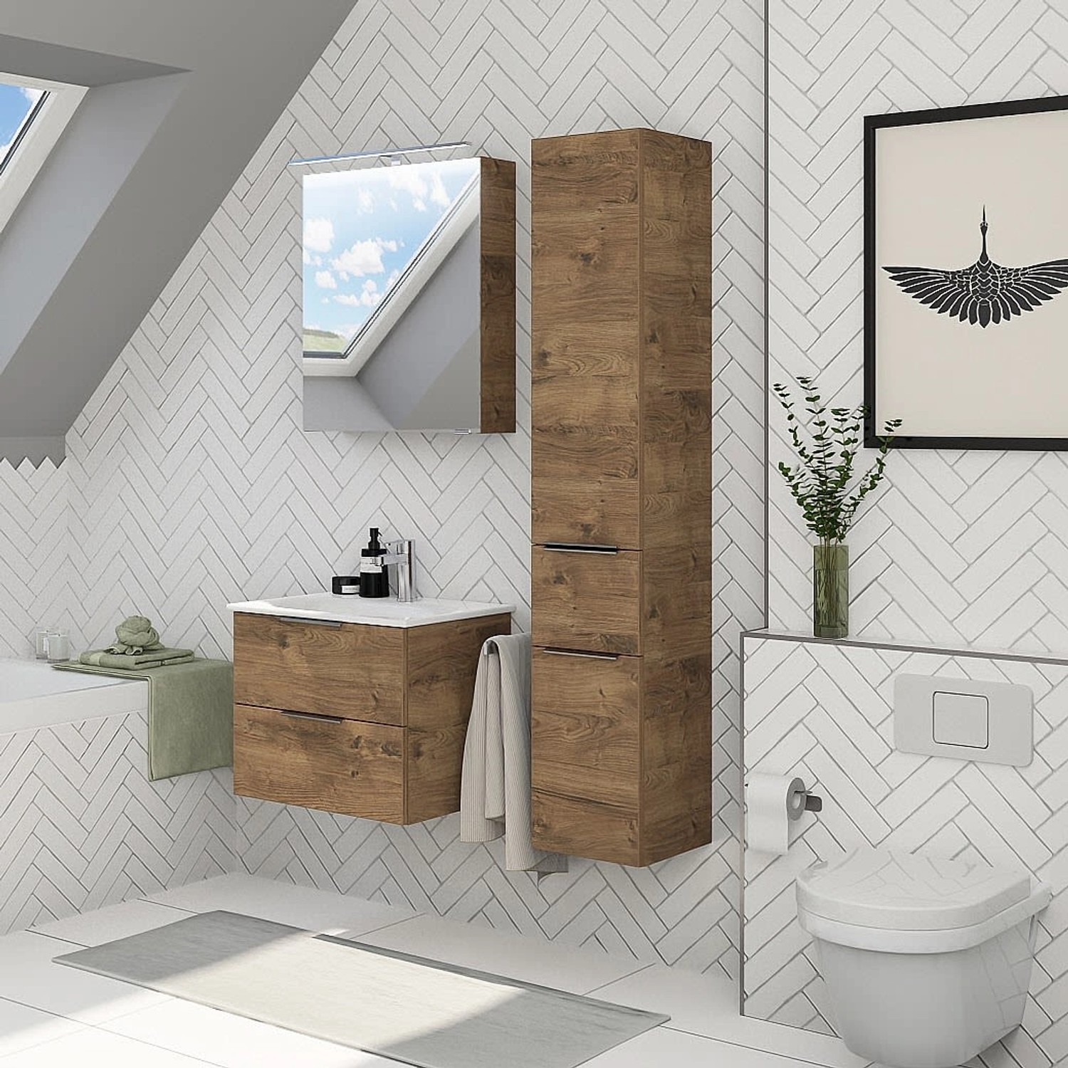 Steinkamp Waschtischunterschrank Set mit GROHE Waschbecken, Eiche Ribbeck Quer Dekor.