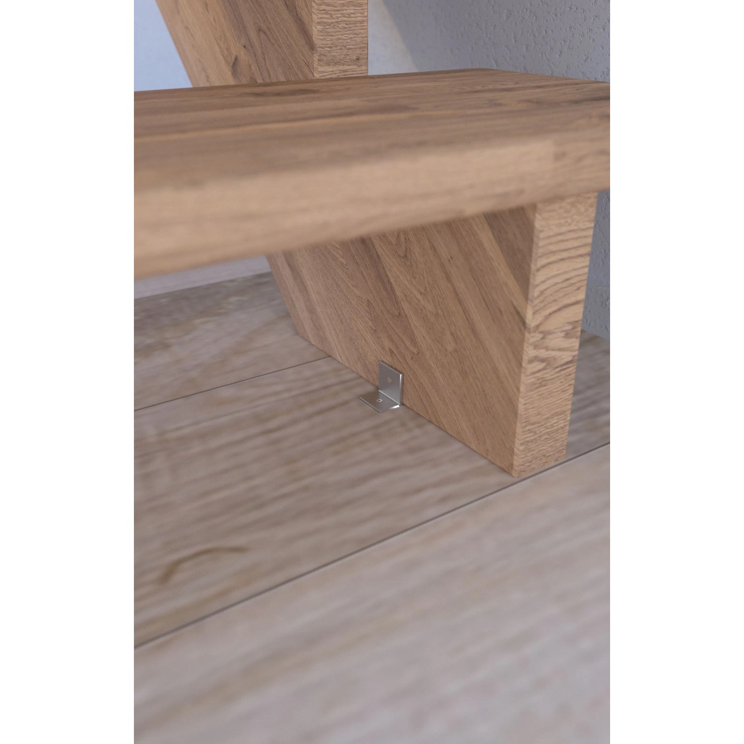 Detailaufnahme einer geraden Lindos Eiche Treppe mit Design-Geländer und Holzstäben.