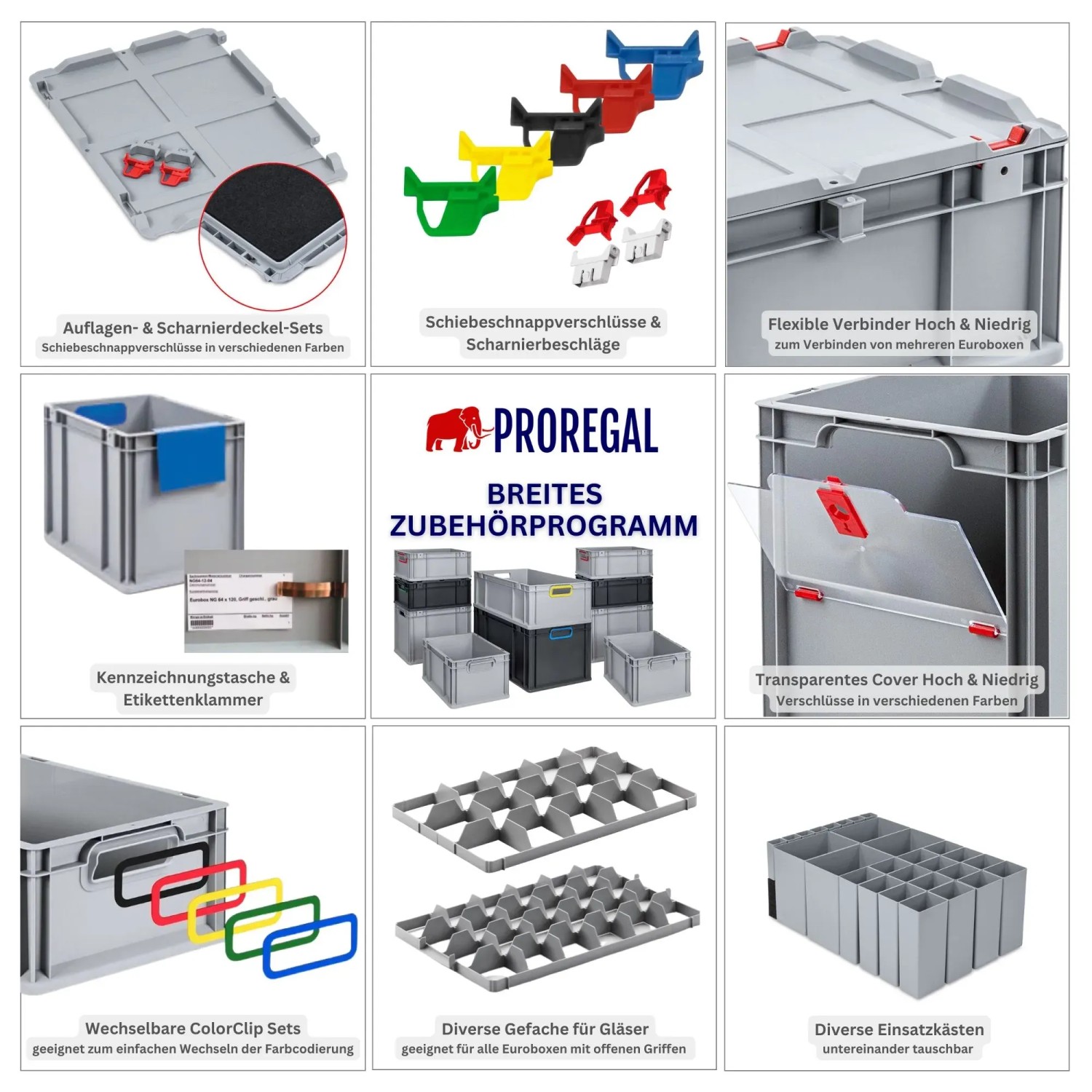 PROREGAL Eurobox Sparset Zubehör: Deckel, Clips, Einsätze für die Aufbewahrungsboxen.