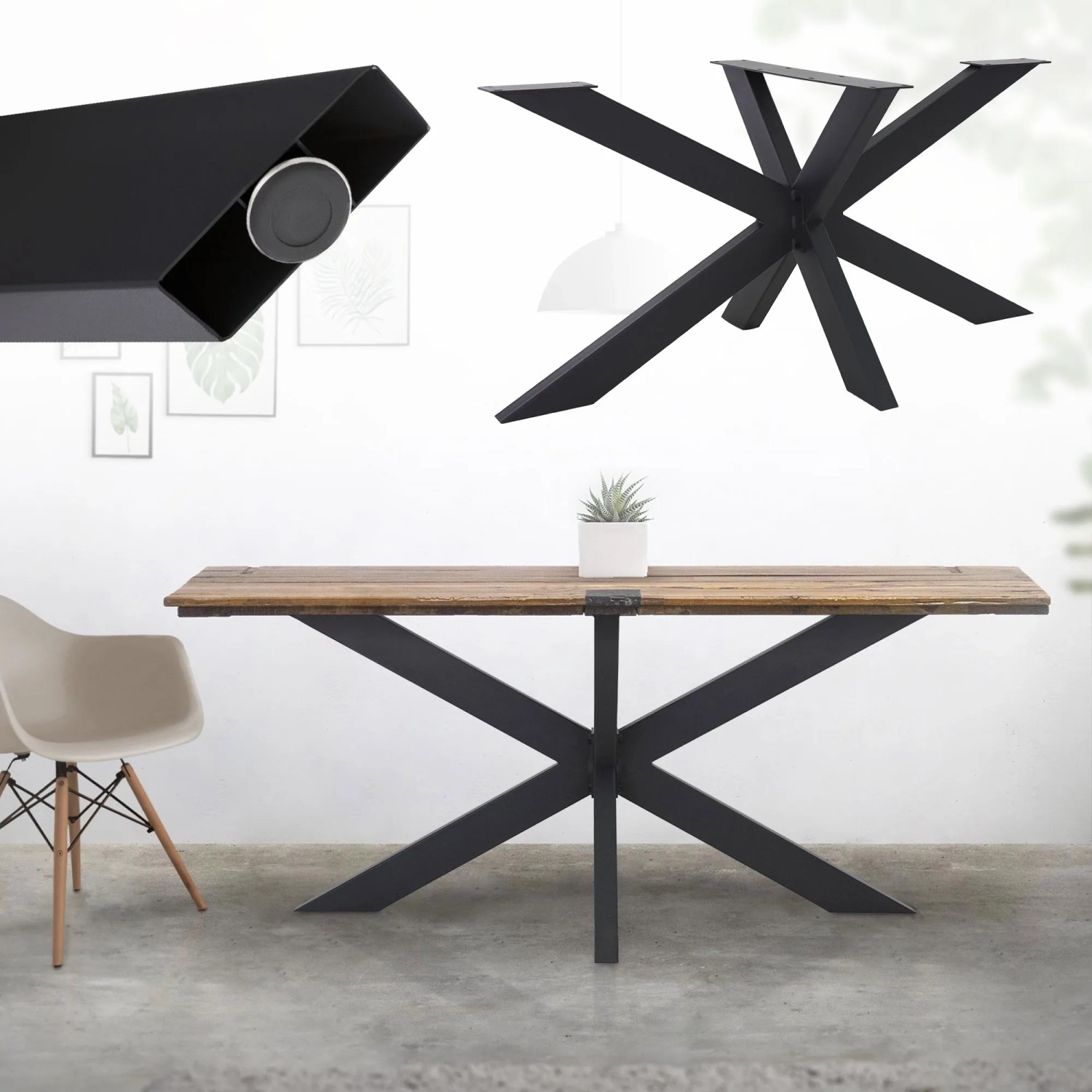 Schwarzes ML-Design Tischgestell Spider im X-Design für Esstische.