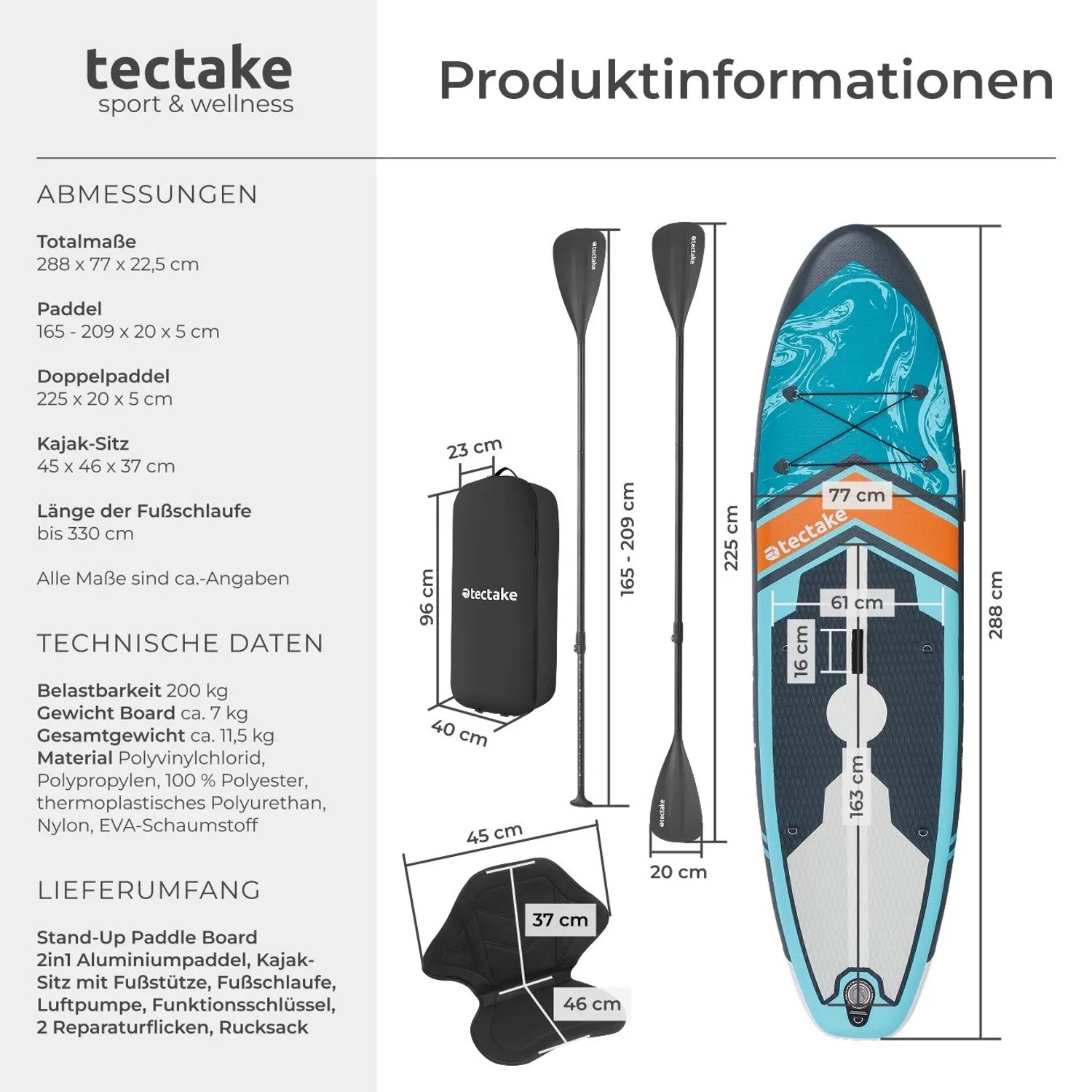 Tectake Stand Up Paddle Board Set mit Paddel, Sitz, Pumpe und Rucksack. Wassersport Zubehör mit Maßangaben.
