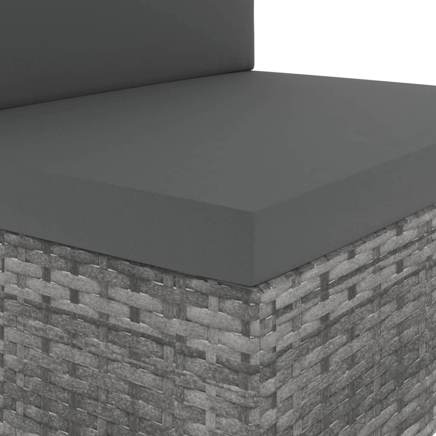 Detailaufnahme: Graues vidaXL Garten-Lounge-Set aus Rattan mit anthrazitfarbenen Polstern.