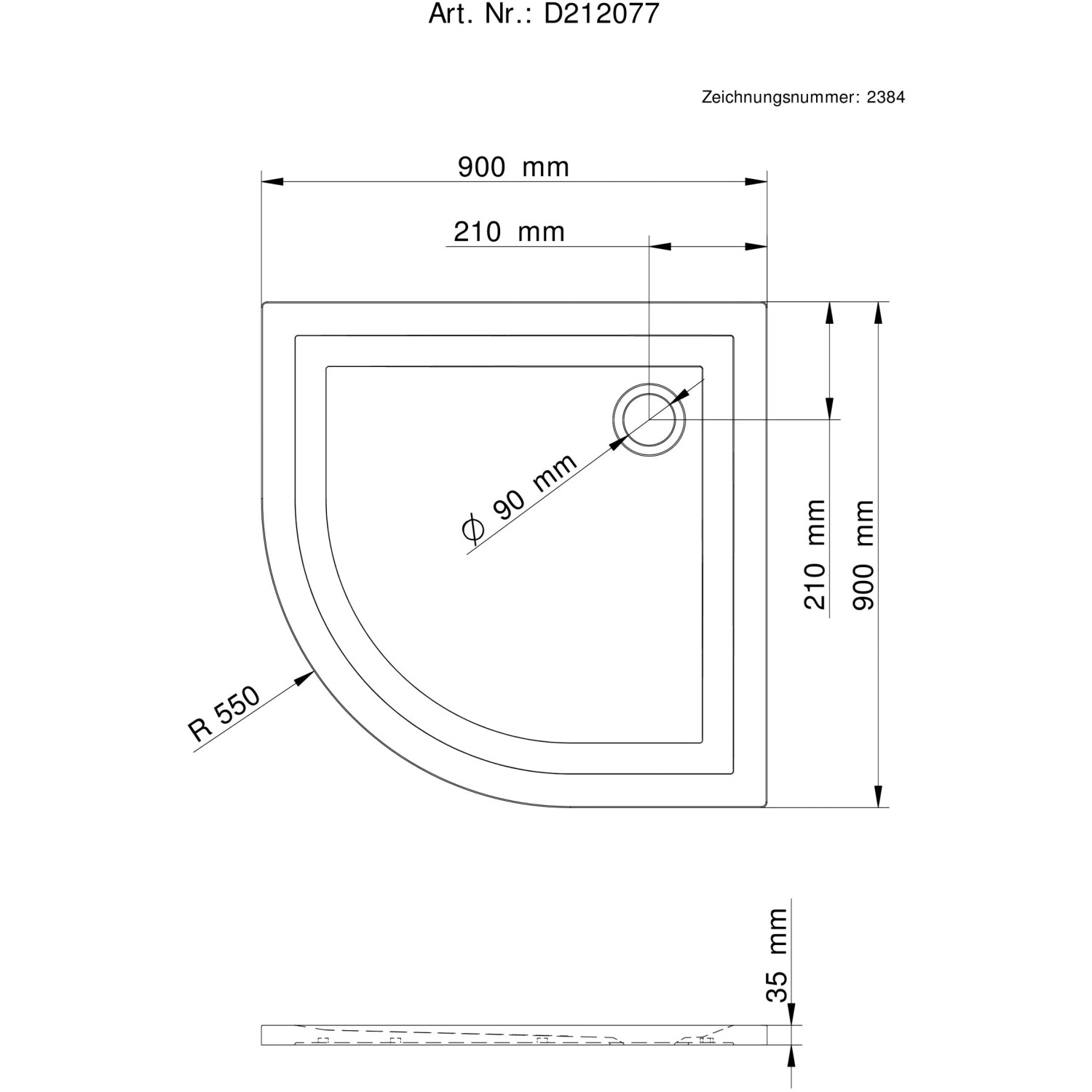 Technische Zeichnung Schulte Duschwannen-Set ExpressPlus Viertelkreis, 90x90 cm, Maße und Details.