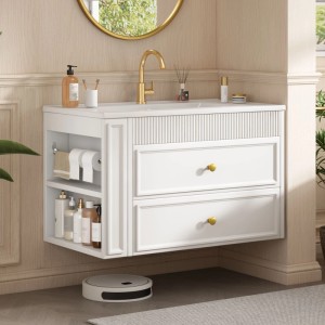 Merax Badezimmerschrank 81 cm Weiß Keramikbecken Schubladen Ablageregal