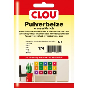 Clou Pulverbeize Schwarz, 12g Packung für Holz, wasserlöslich.