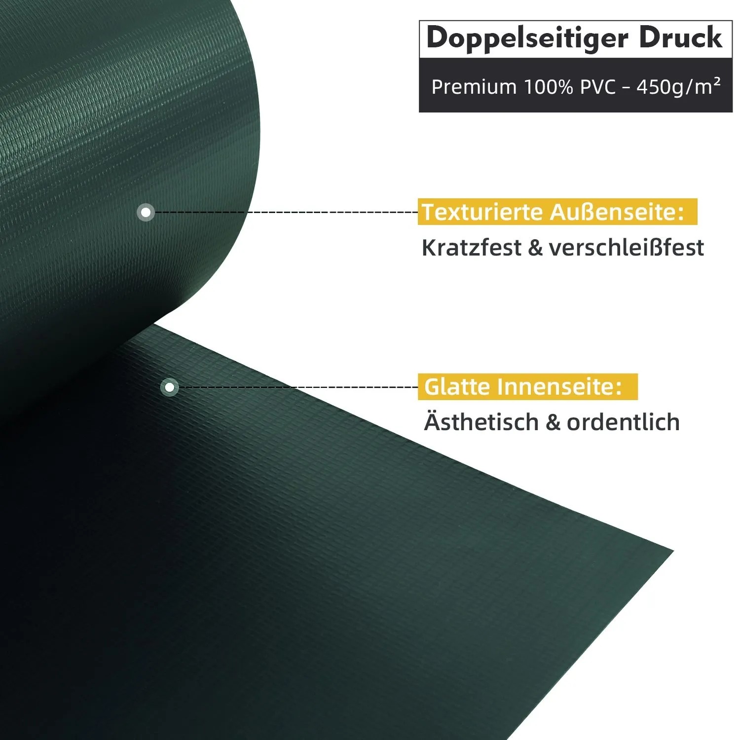 Detailaufnahme: Sekey PVC Sichtschutzstreifen, grün, texturierte Außenseite, glatte Innenseite für Doppelstabmatten.