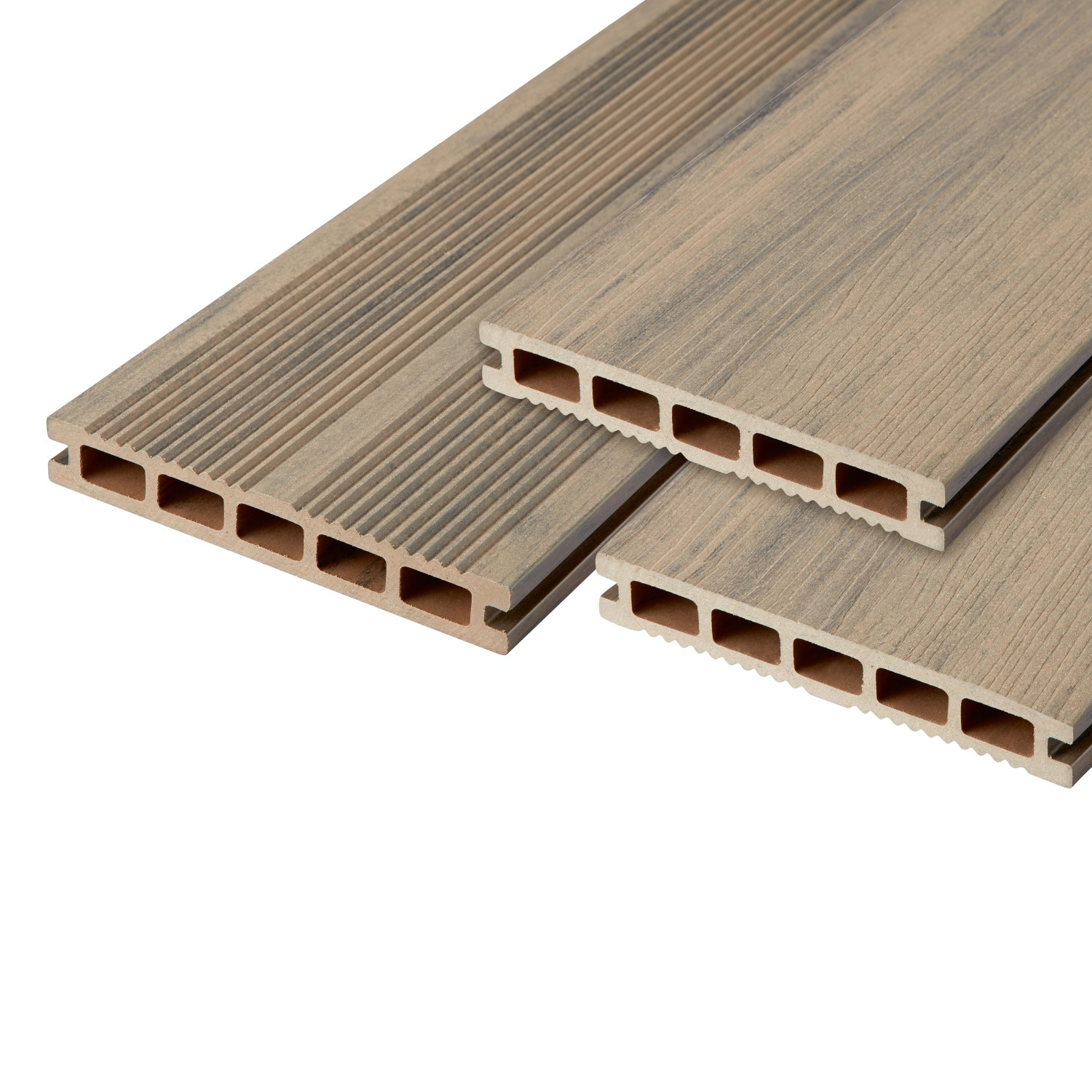 Terrassendielen WPC in Braun-Rauchgrau mit geriffelter Oberfläche und Hohlkammerprofil.