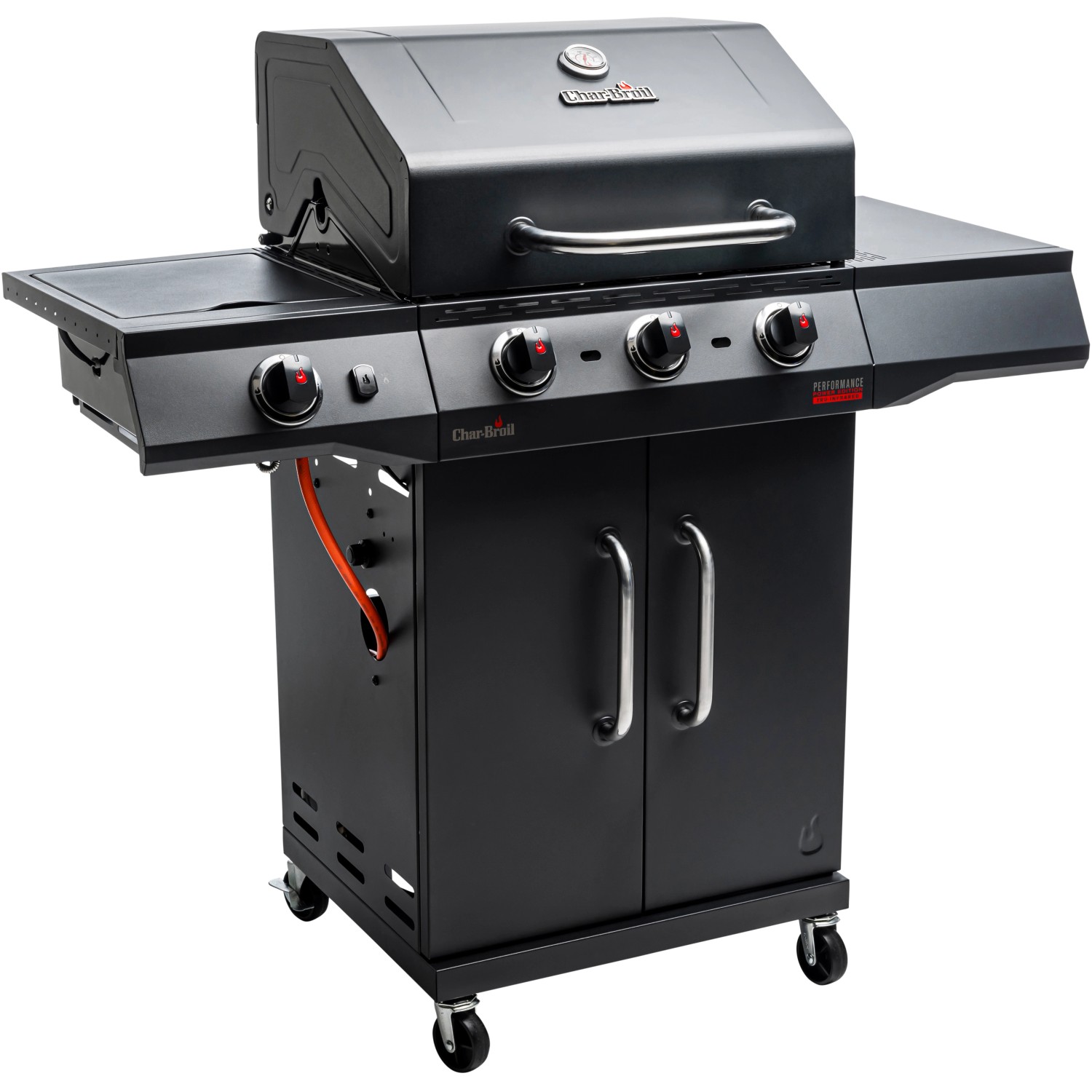Schwarzer Char-Broil Gasgrill Performance Power Edition 3 mit 3 Brennern und Unterschrank.