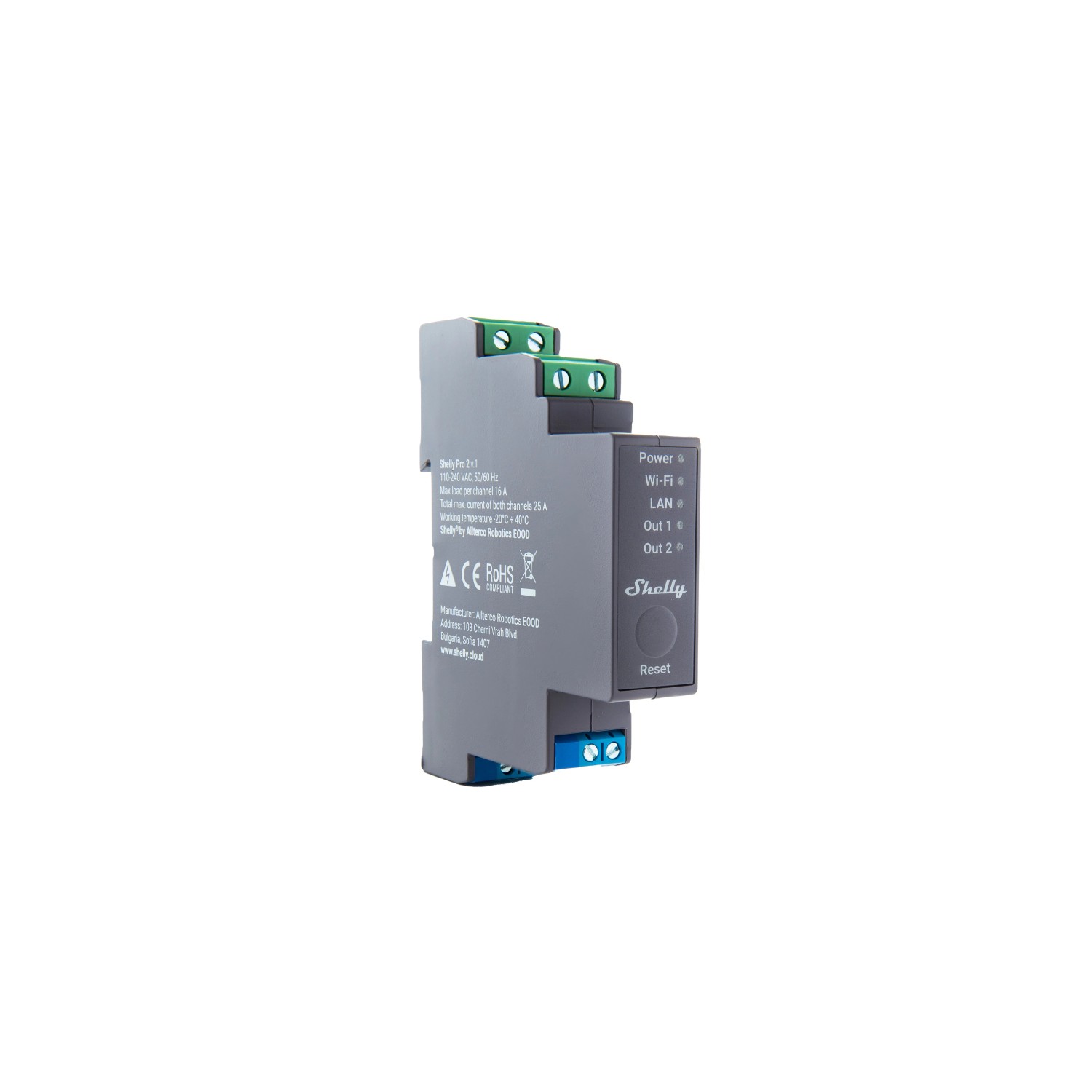 Shelly Pro 2 Relaismodul, 2-Kanal, 25A, grau, für Hausautomation. DIN-Schienen Montage.