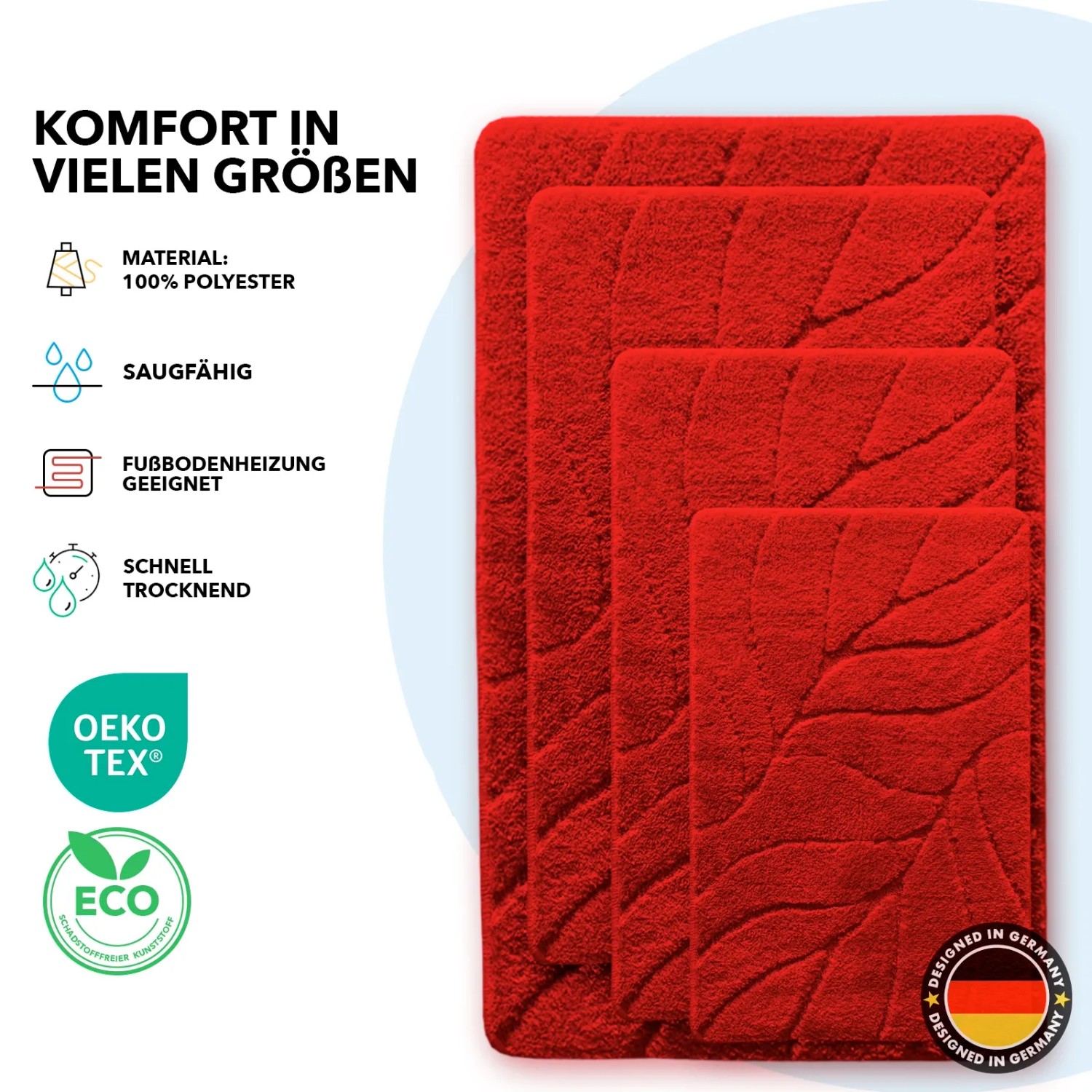Rote Karat Badematten Maris mit Blattmuster, verschiedene Größen.
