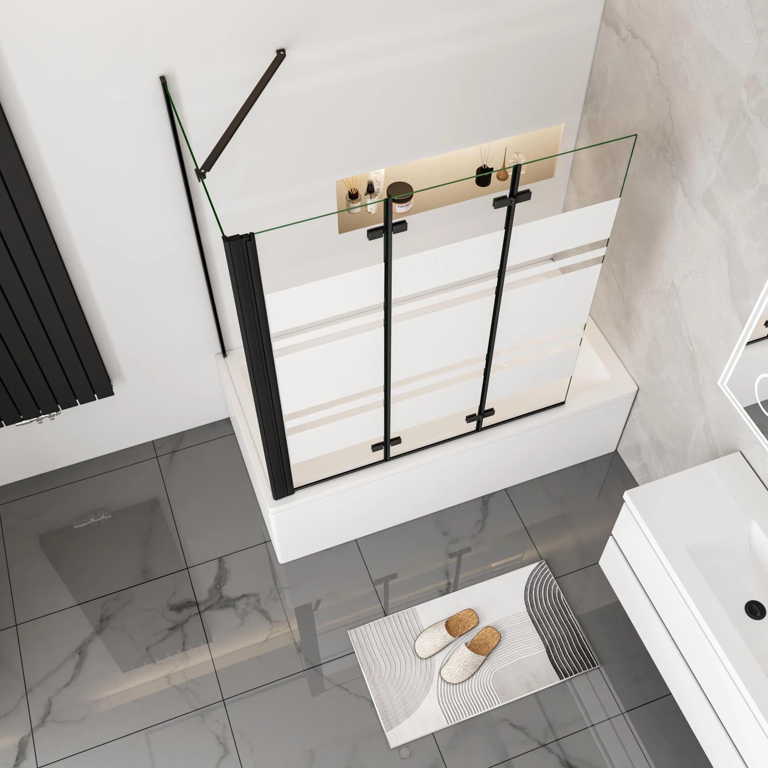 AICA Faltwand 130cm schwarz mit Seitenwand 70cm, 6mm Nano ESG Glas für Badewanne.