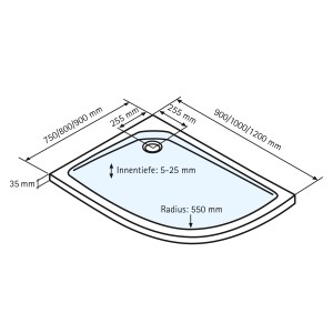 Technische Zeichnung: Schulte Duschwannen-Set Viertelkreis asymmetrisch links, 90x80 cm, Maße und Details.