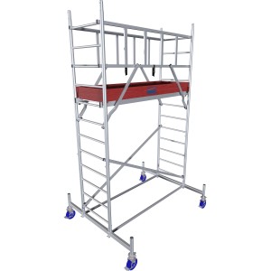 Krause Alu-Fahrgerüst ProTec mit roter Arbeitsfläche und Rollen, Arbeitshöhe 4,3 m.