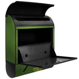 Banjado Design Briefkasten, schwarz pulverbeschichtet mit Vogel auf Tannenzweig Motiv und Zeitungsfach.