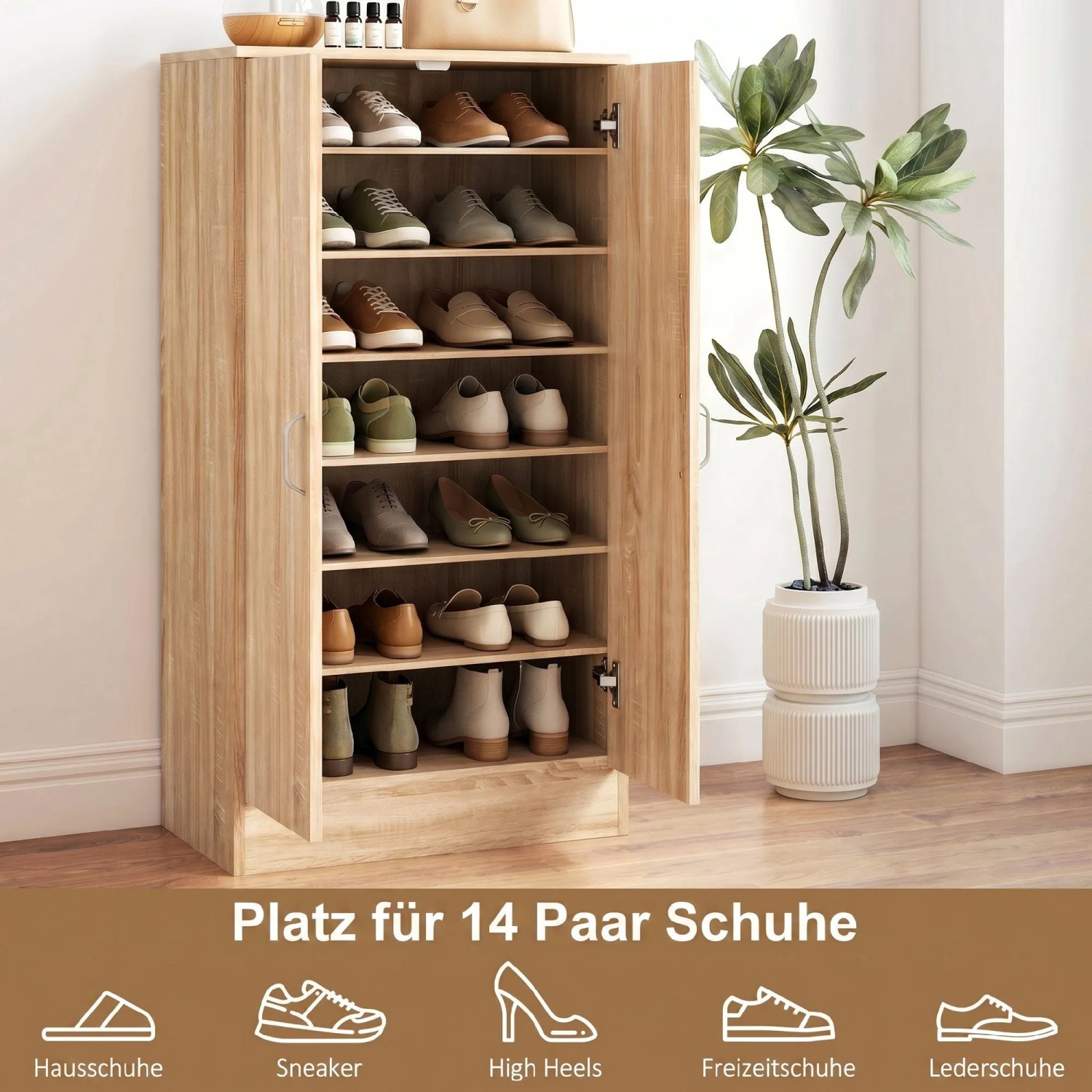 HOMCOM Schuhschrank aus Naturholz-Spanplatte, offen mit 7 Ebenen voller Schuhe. Moderne Schuhkommode für den Flur.
