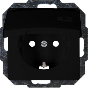 Schutzkontakt-Steckdose Paris mattschwarz, 1-fach mit Klappdeckel und erhöhtem Berührungsschutz.