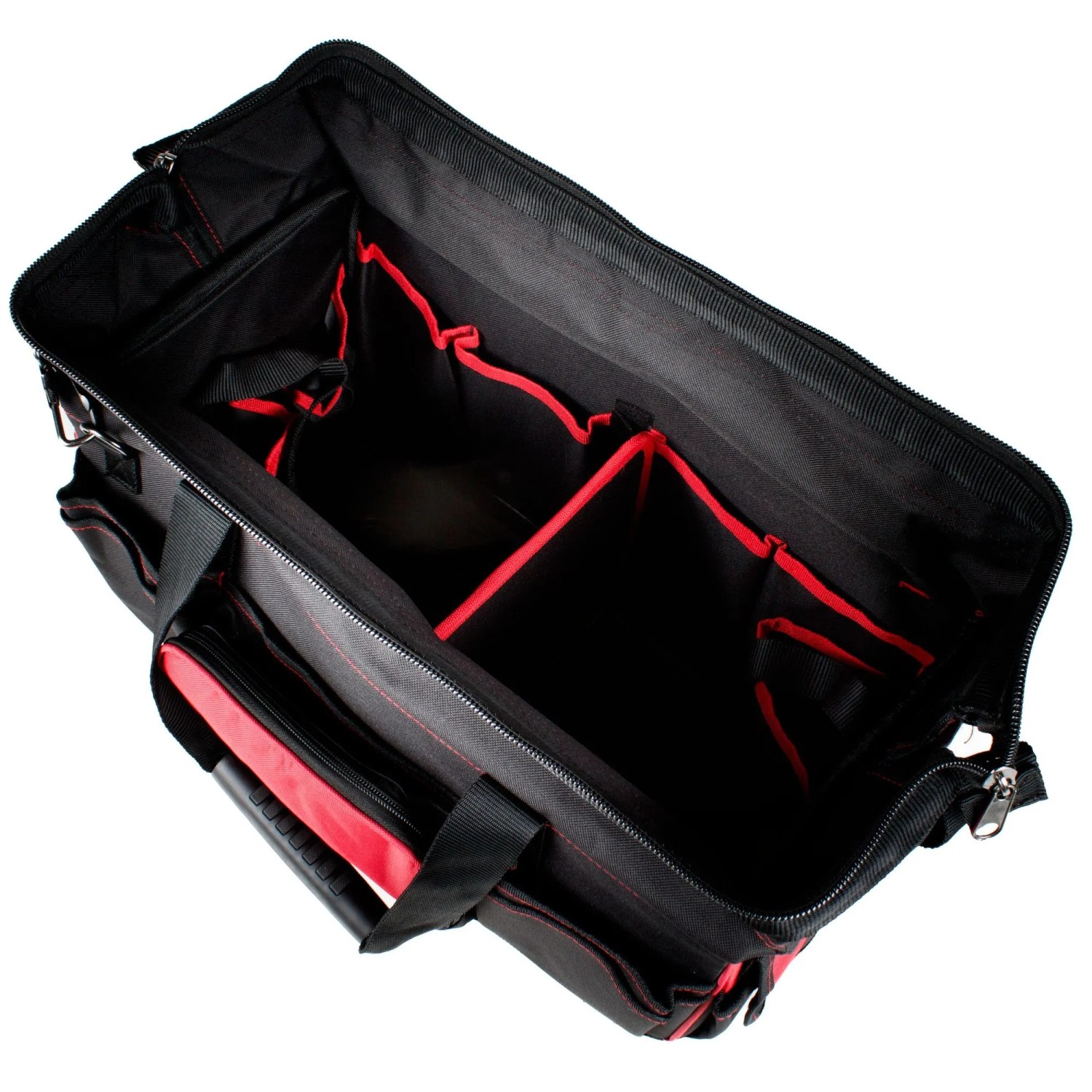Offene Mephisto Werkzeugtasche Echo mit Fächern, Schultergurt und Bodenschale.