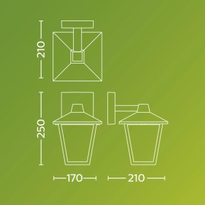 Technische Zeichnung der schwarzen Philips Kinno LED-Außenwandleuchte mit Maßen.