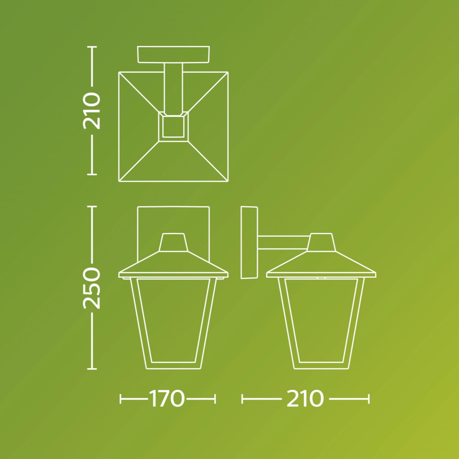 Technische Zeichnung der schwarzen Philips Kinno LED-Außenwandleuchte mit Maßen.
