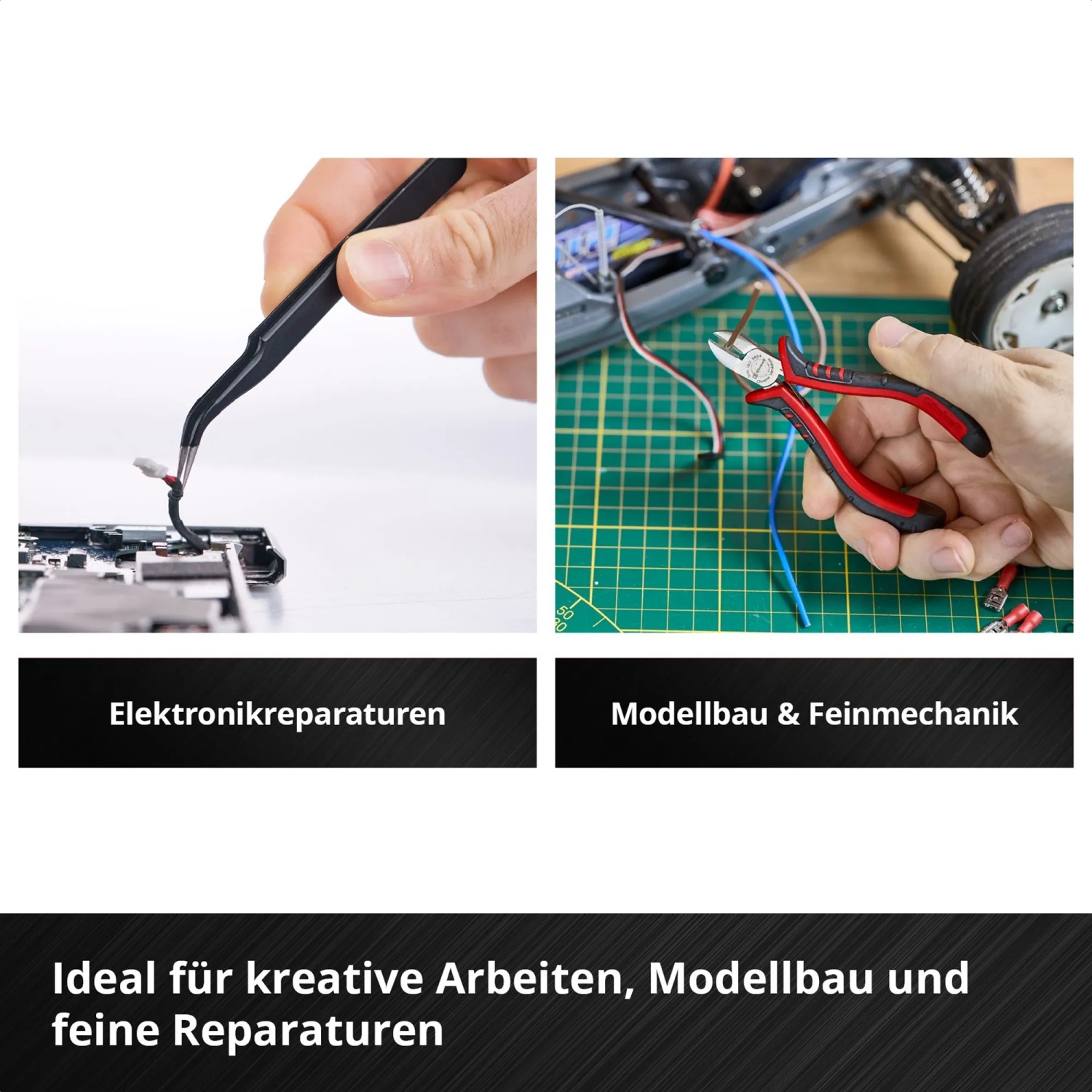 Hände nutzen Präzisionswerkzeuge für Elektronikreparaturen und Modellbau. Einhell Hobby Werkzeugkoffer, 153-teilig.