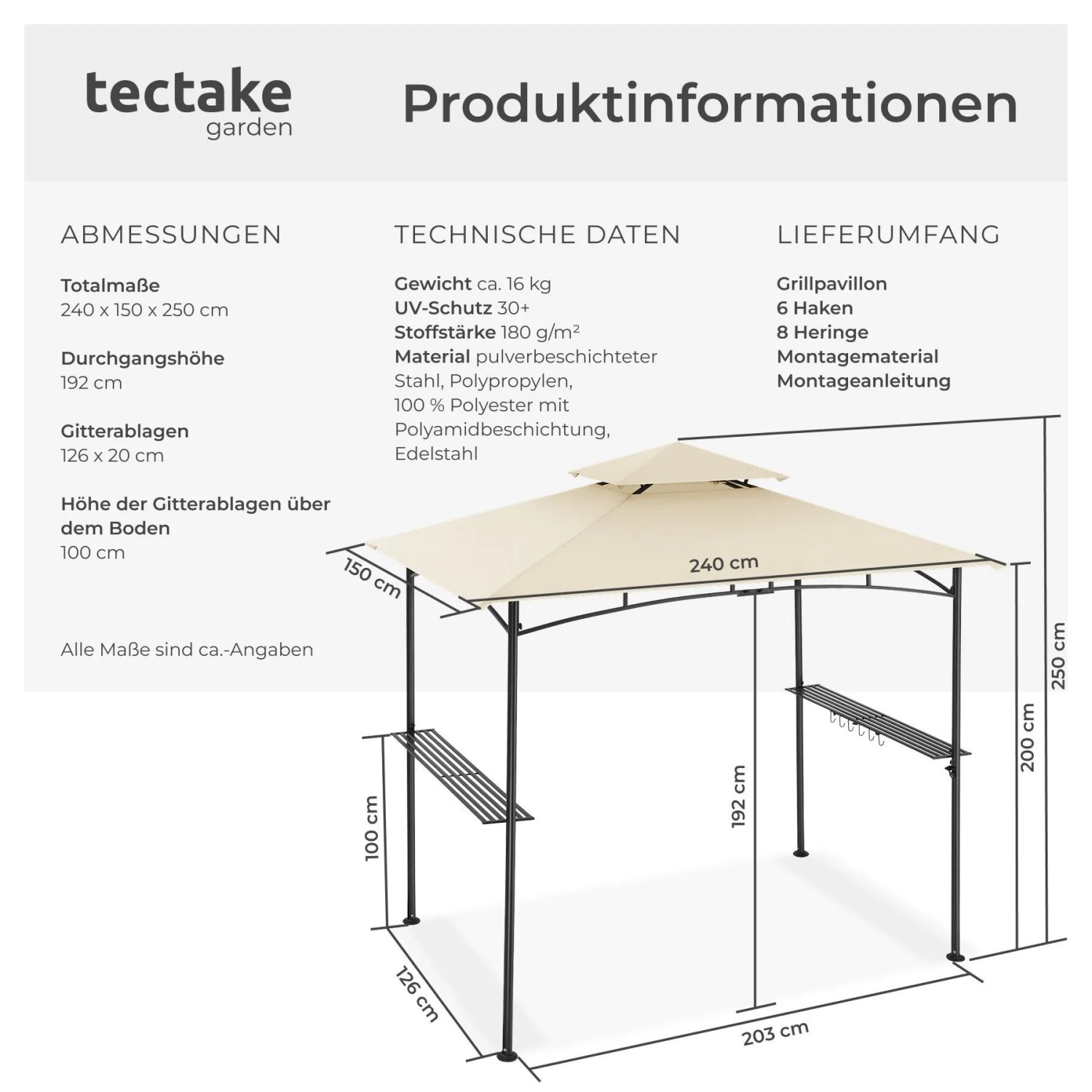 Sandfarbener Tectake Grillpavillon Maracaibo mit Doppeldach, Ablagen und Flaschenöffner.