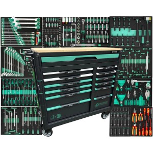 Bestückter DeTec. XXL Werkstattwagen Premium-Line mit 13 Schubladen und Werkzeug.