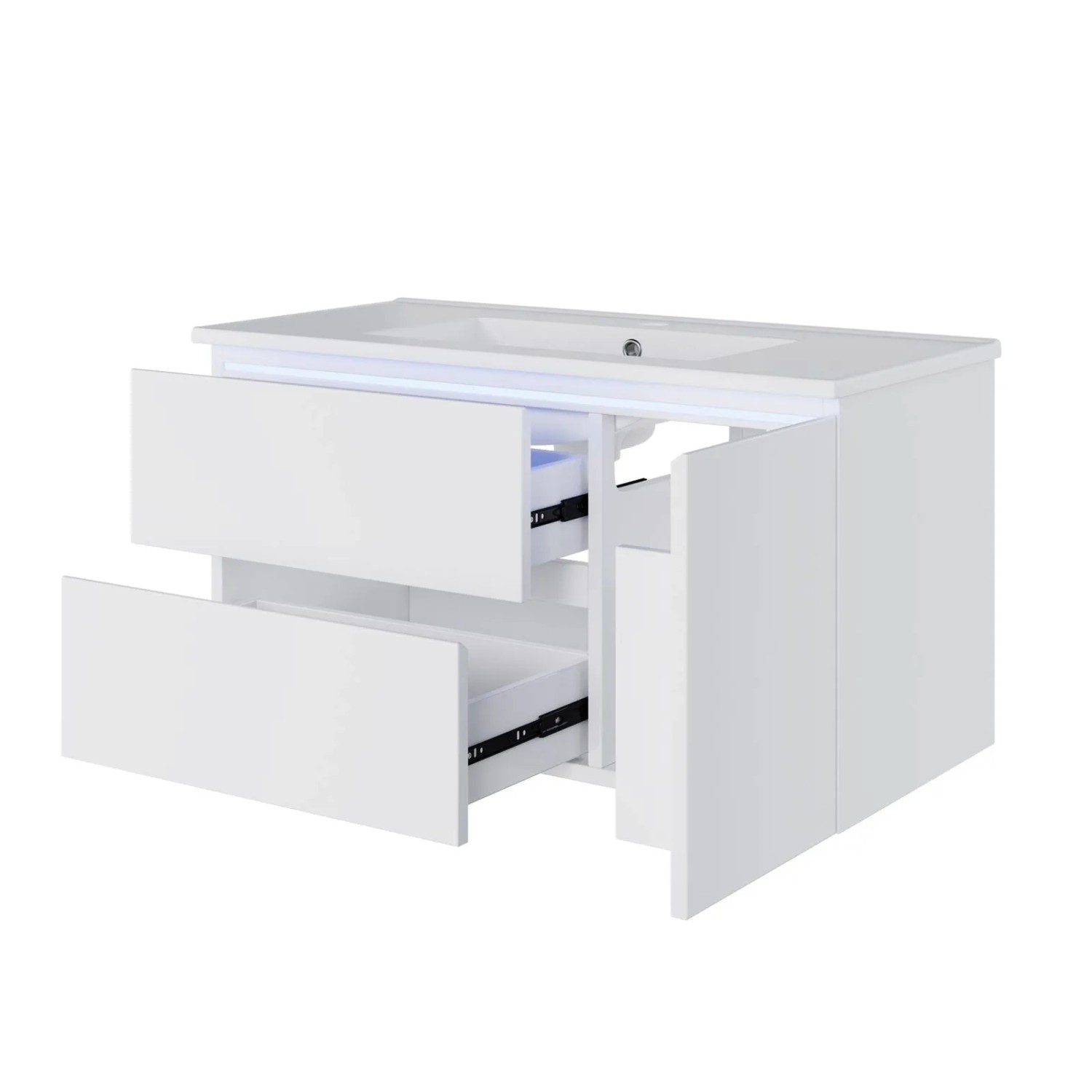 PXloue Waschtisch mit Unterschrank 91cm Wandhängend Badmöbel Set Keramik Waschbecken LED Sensor  Weiß
