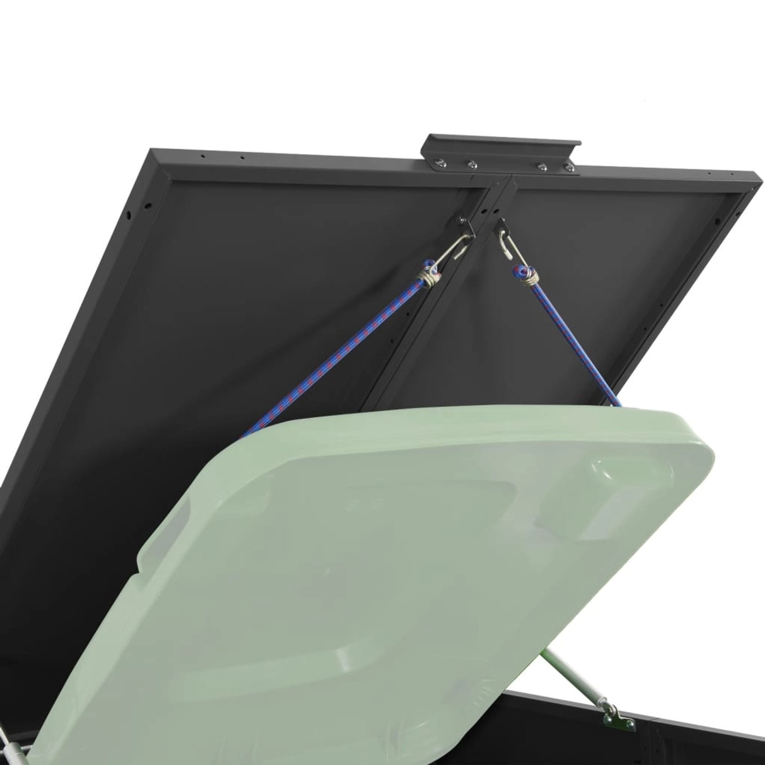 Detailaufnahme: Geöffneter Deckel der schwarzen vidaXL Mülltonnenbox für 4 Tonnen mit Gummiseil.