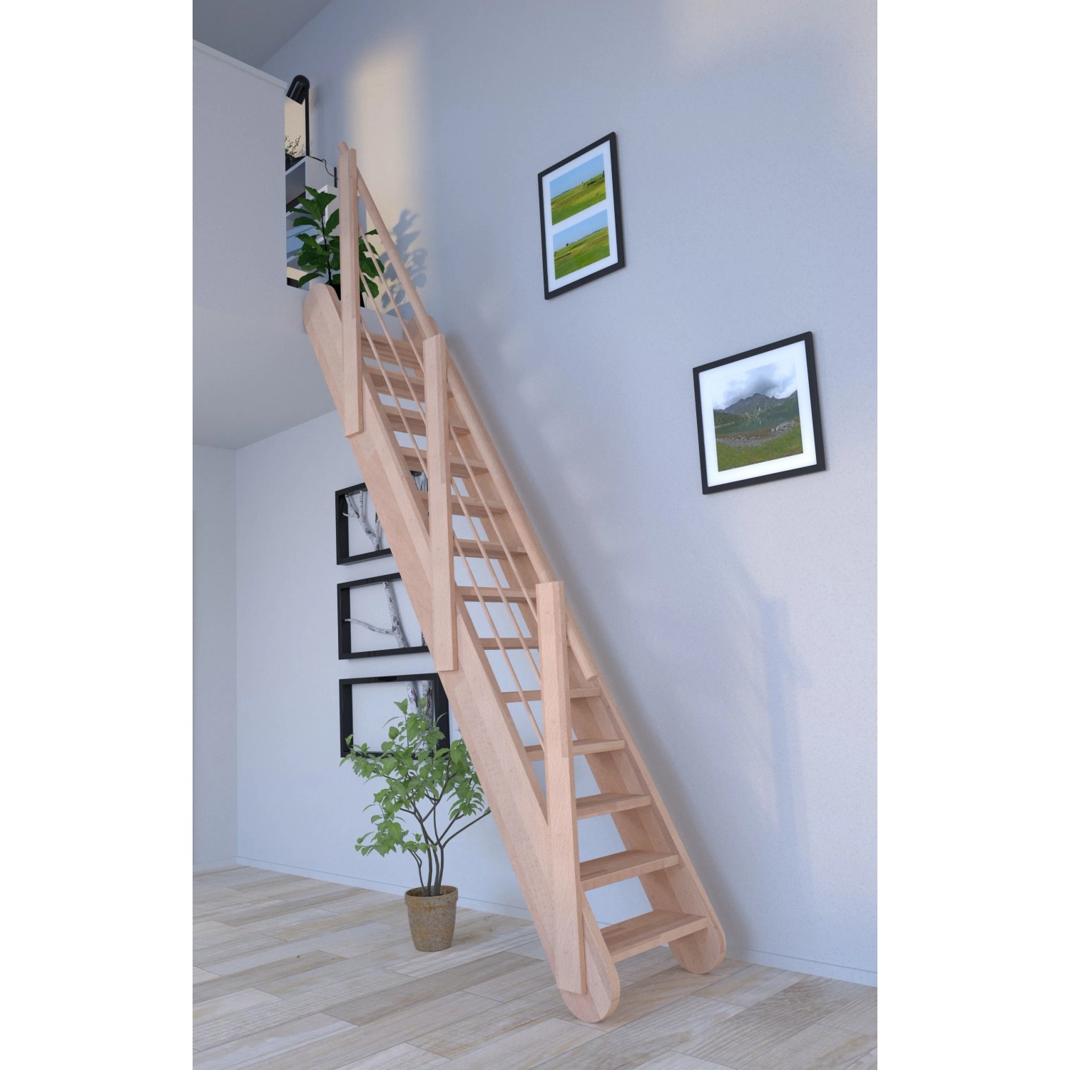 StarWood Treppe Samos Buche mit Holz-Design-Geländer, Ansicht im Raum.