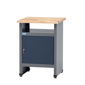 Küpper Werkbank mit Tür, Fach und Holzplatte, dunkelblau. Werkbank für Werkstatt und Hobby.