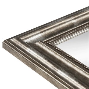 Detailansicht: Silberner Wandspiegel im Antik-Stil mit Holzrahmen, 60x80 cm.