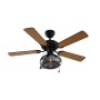 Schwarzer QAZQA Deckenventilator Mistral Busa mit Holzflügeln und Lampe.