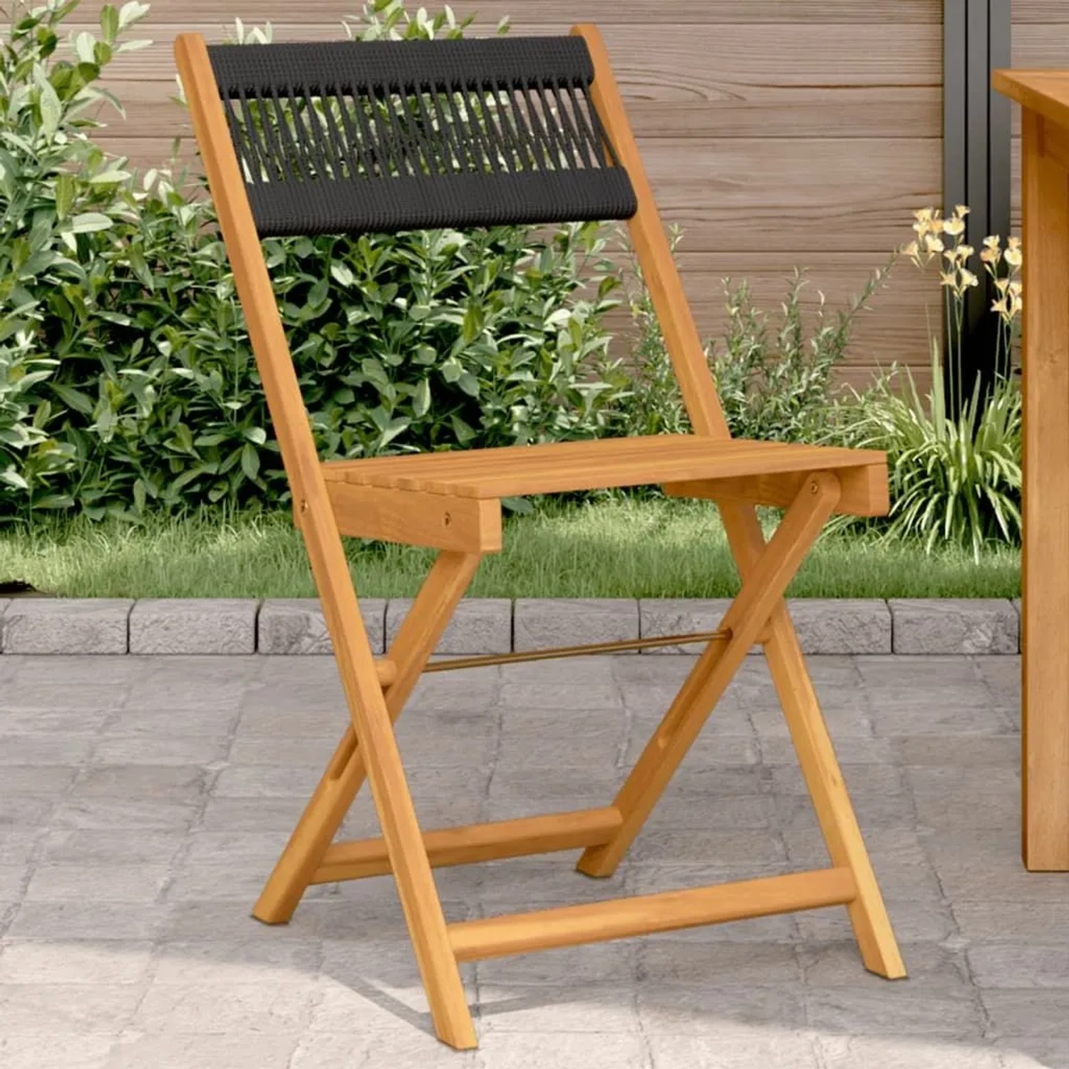 Schwarzer Bistrostuhl aus Akazienholz mit Kordel, klappbar, 2er-Set für Garten oder Terrasse.