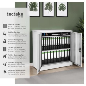 Grauer Tectake Aktenschrank aus Stahl mit 2 Türen, 90x40x90 cm, gefüllt mit Aktenordnern.