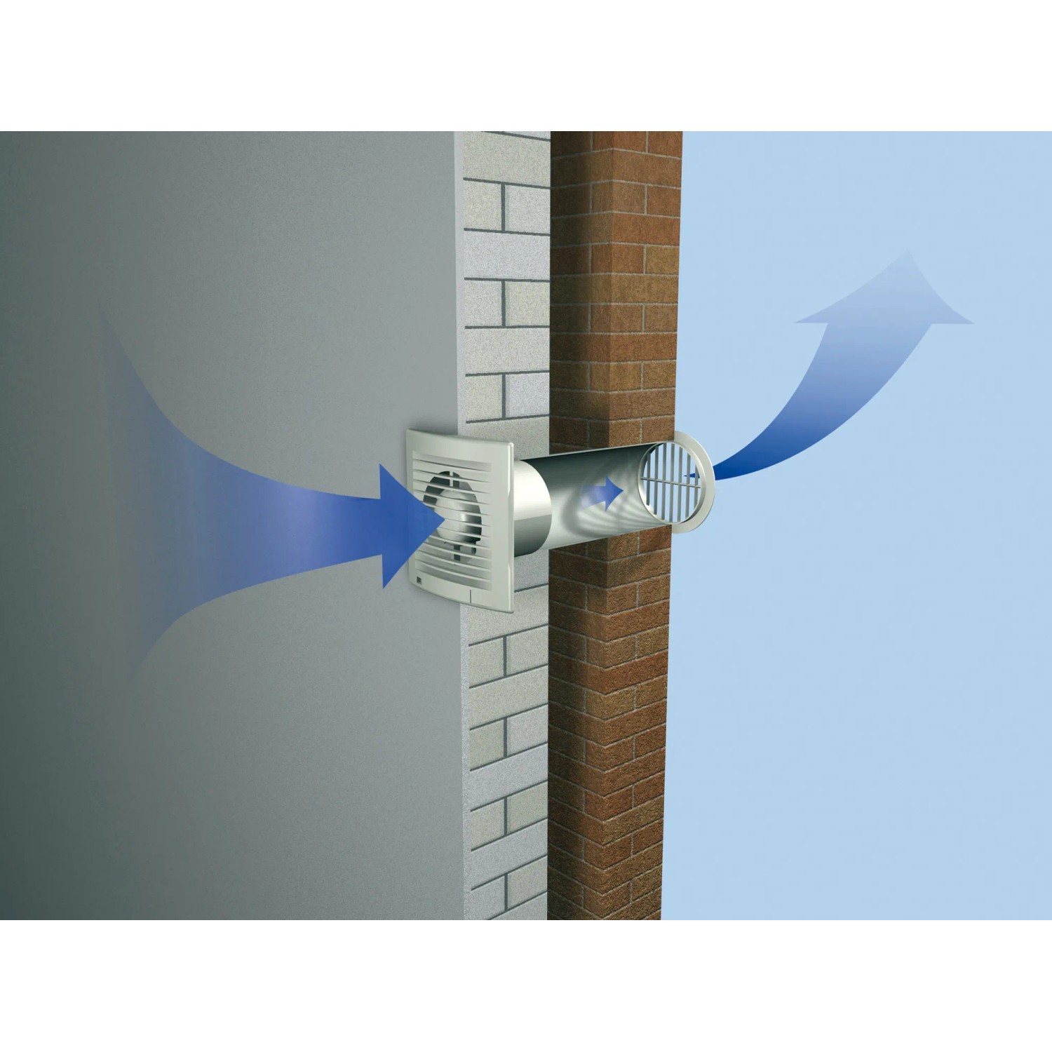 Weißer Badventilator System Ø 100 an Wand mit Luftstrom-Pfeilen.