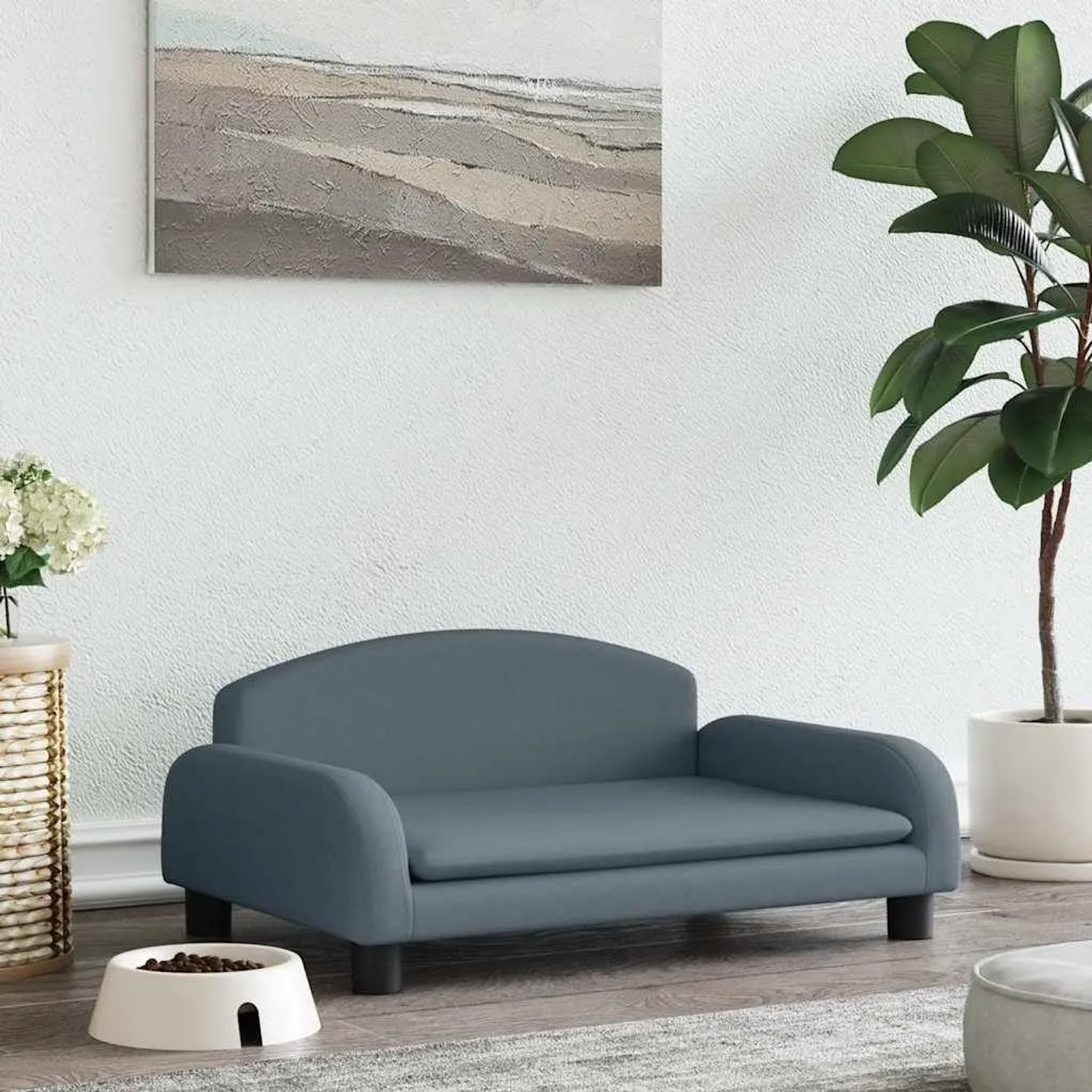 Dunkelgraues Hundebett als Sofa, 70x45x30 cm, aus Stoff, mit Polsterung. Ideal für kleine Hunde im Wohnzimmer.