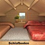 Schlafzimmer im Alpholz Gartenhaus Lillehammer mit zwei Betten und Teppich.