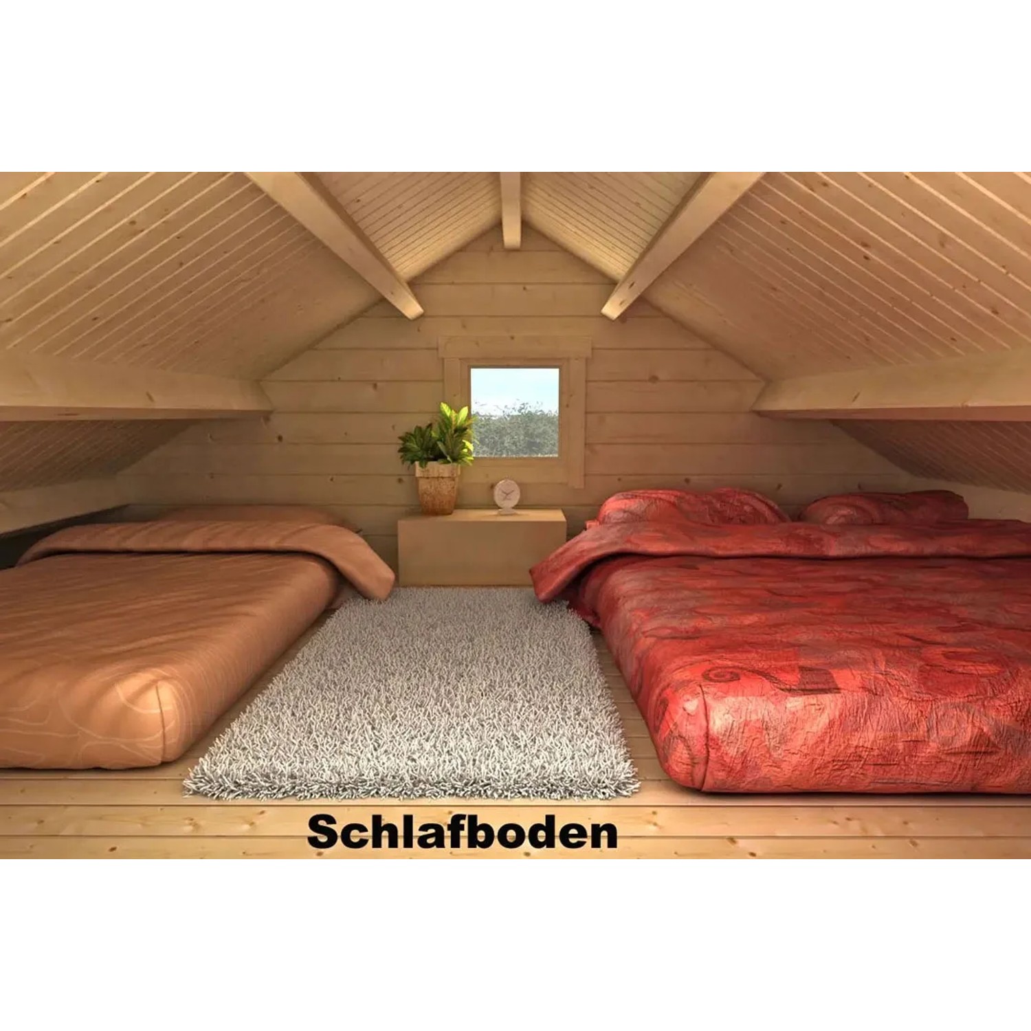 Schlafzimmer im Alpholz Gartenhaus Lillehammer mit zwei Betten und Teppich.