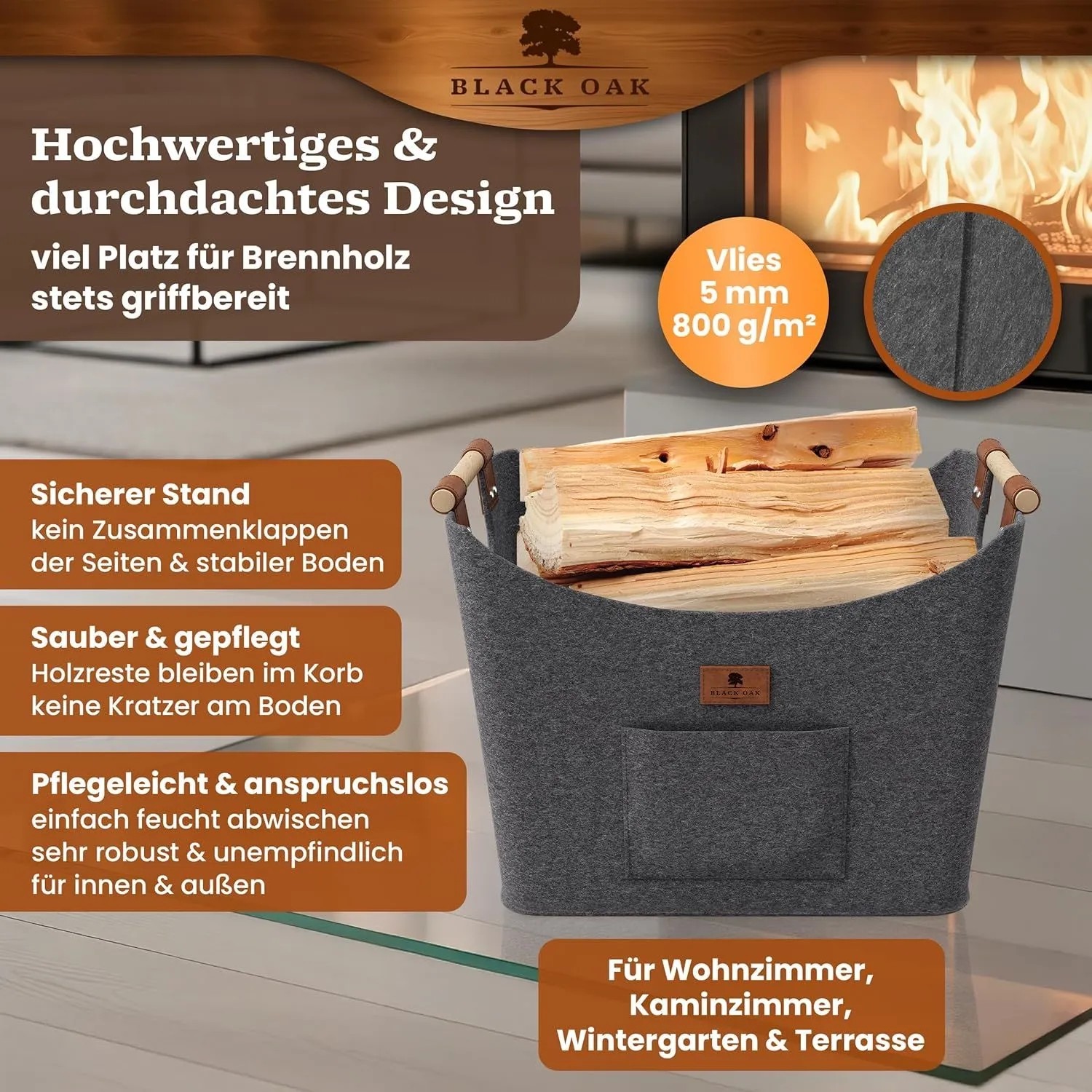 BLACK OAK Holzkorb MONTANA XL 60L Grau aus Filz mit Echtleder Applikationen – Kaminholzkorb für Brennholz Stabil mit Griffen Innenbereich_6