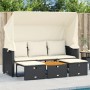 Schwarzes 3-Sitzer Outdoor-Sofa mit Dach, Hockern und Tisch aus Polyrattan. Lounge-Gartenmöbel.