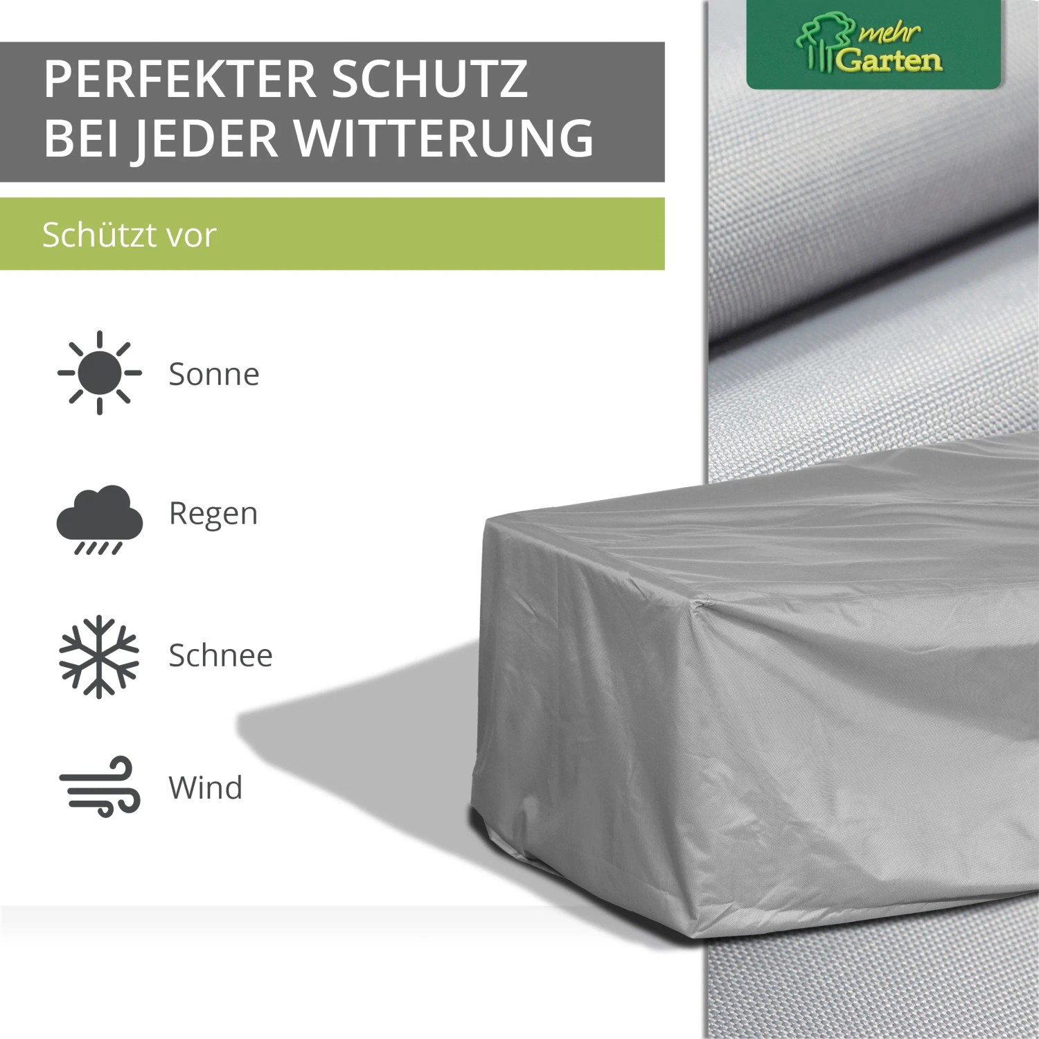 Graue Schutzhülle für eine L-förmige Loungegruppe, schützt vor Sonne, Regen, Schnee und Wind.