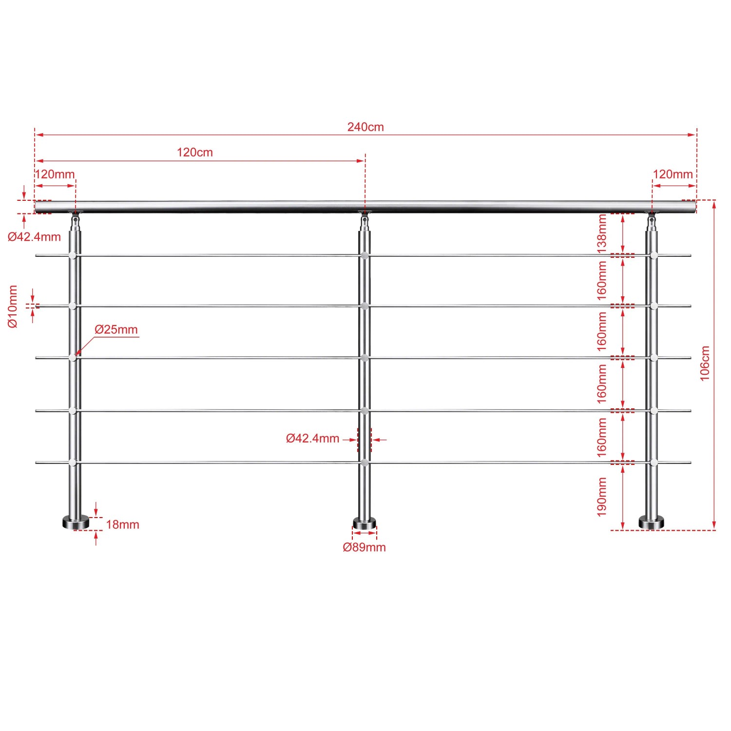 Edelstahl-Treppengeländer, 240 cm, für Innen und Außen, mit 5 Querstäben und Maßangaben.