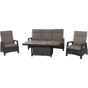 Siena Garden Gartentisch-Set Corido, rechteckig, holzkohlegrau, mit Sofa und zwei Sesseln.