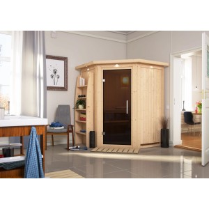 Karibu Sauna Lyra mit LED-Dachkranz aus naturbelassener Fichte, Elementsauna mit Glastür.