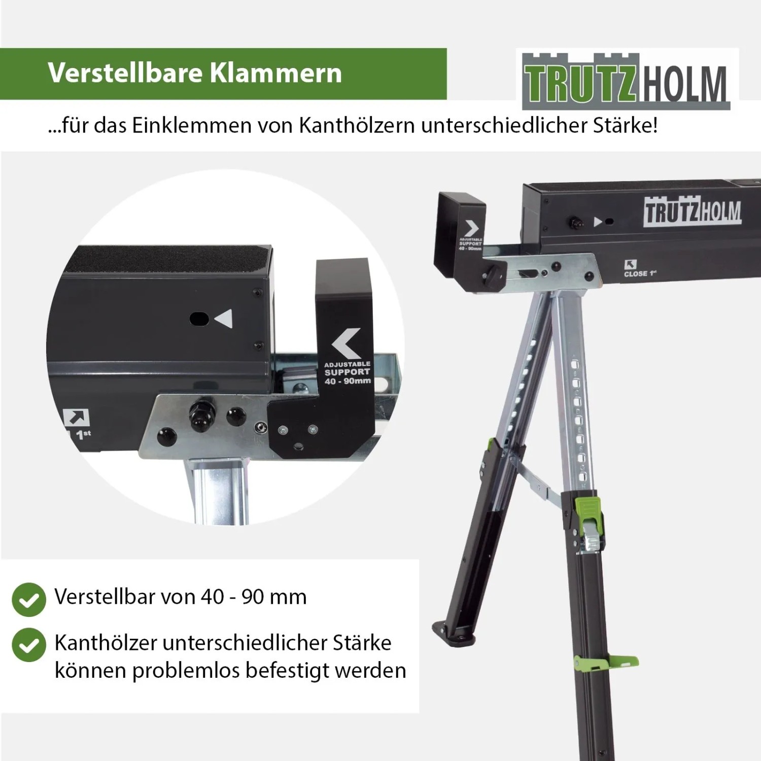 TRUTZHOLM Sägebock Deluxe mit verstellbaren Klemmen für Kanthölzer, höhenverstellbar.