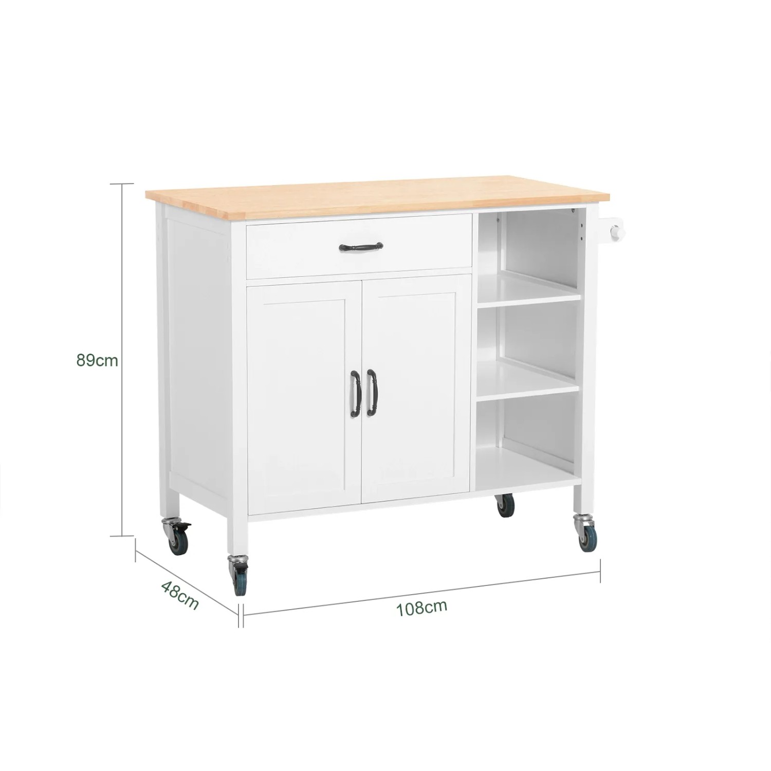 Weißer SoBuy Küchenwagen FKW103-WN mit Holzplatte, Schublade, Schrank und Regalen.