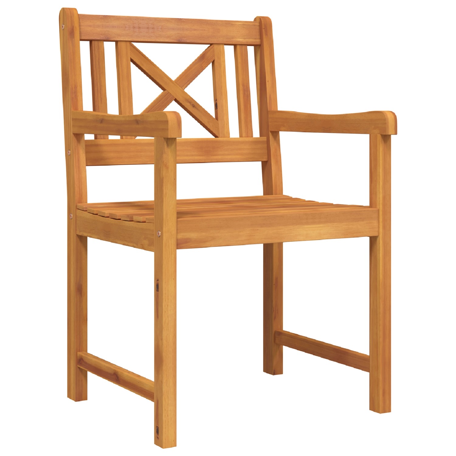 Gartenstuhl aus Akazienholz, Teil der vidaXL 5-tlg Essgruppe, braun, mit Armlehne und X-förmiger Rückenlehne.