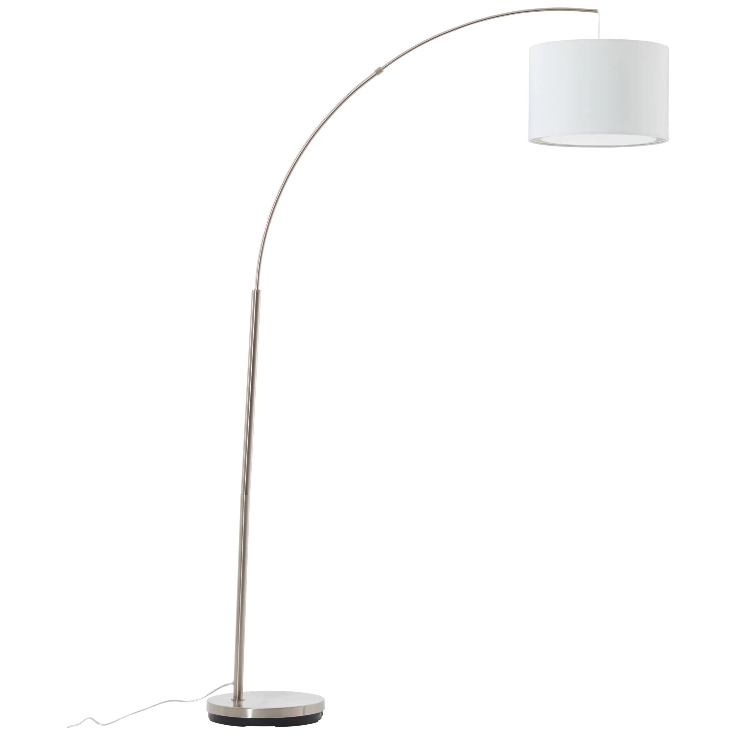 Brilliant Bogenlampe Clarie, Eisen-Weiß mit Stoffschirm. Stehleuchte für Wohnzimmer und Leseecke.