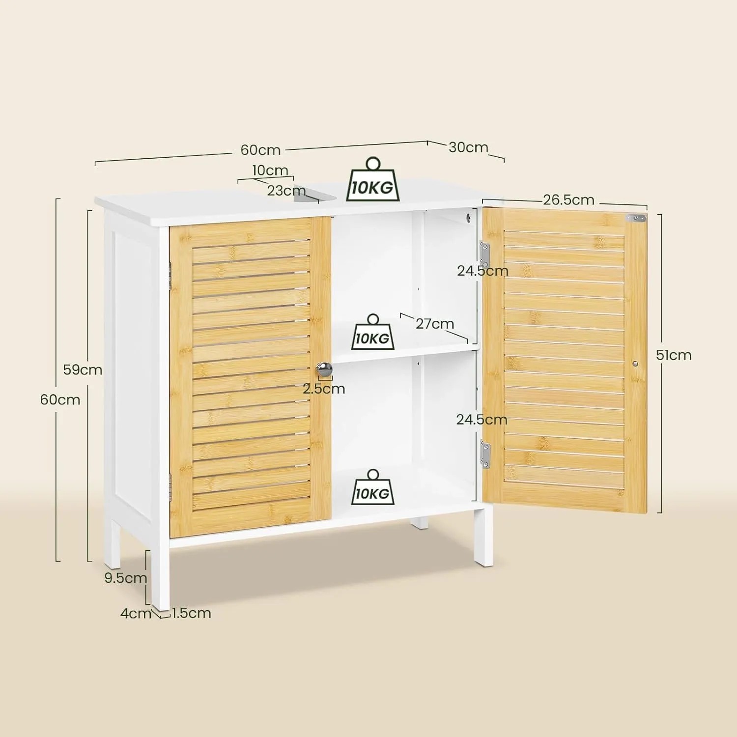 Weißer Bambus Waschbeckenunterschrank 60x60x30 cm mit Lamellentüren, Siphonausschnitt und verstellbarem Einlegeboden.